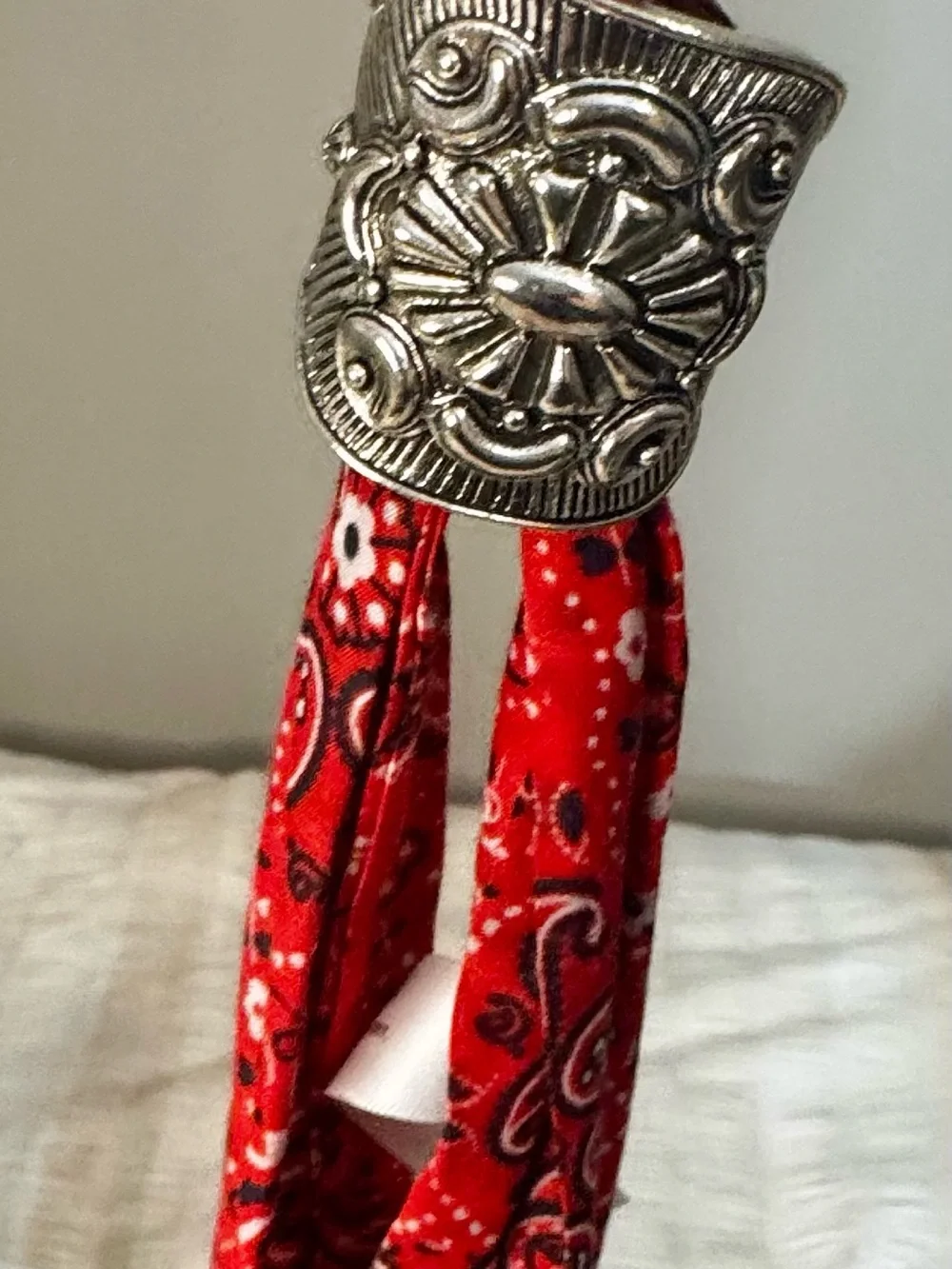 Sunday State Red Bandana Scarf Ring Accessory - With Silver Accent